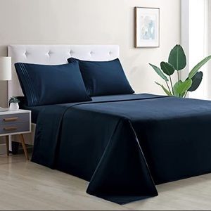 4 Pc Queen Size Bed Sheet Set Dark Blue New!